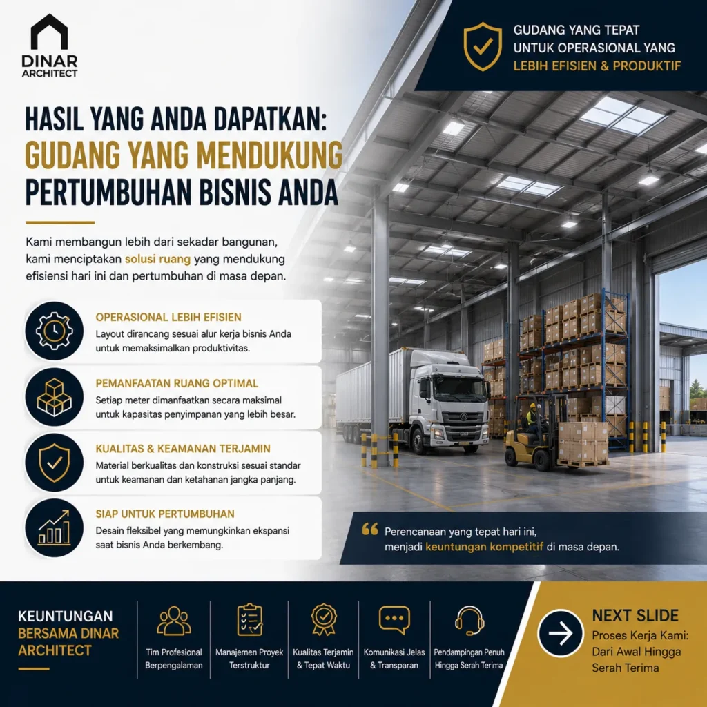 Kami membantu perusahaan membangun gudang yang efisien, kokoh, dan siap mendukung pertumbuhan bisnis. Konsultasi gratis bersama tim profesional.
