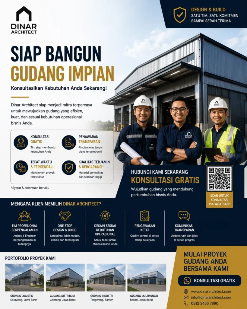 Kami membantu perusahaan membangun gudang yang efisien, kokoh, dan siap mendukung pertumbuhan bisnis. Konsultasi gratis bersama tim profesional.
