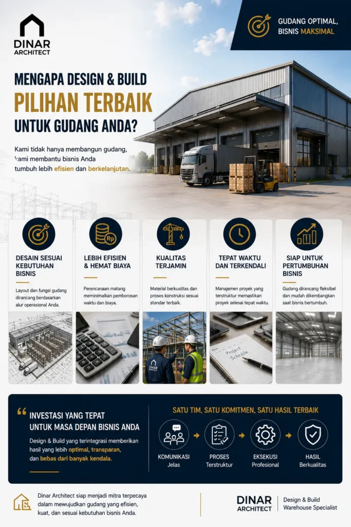 Kami membantu perusahaan membangun gudang yang efisien, kokoh, dan siap mendukung pertumbuhan bisnis. Konsultasi gratis bersama tim profesional.